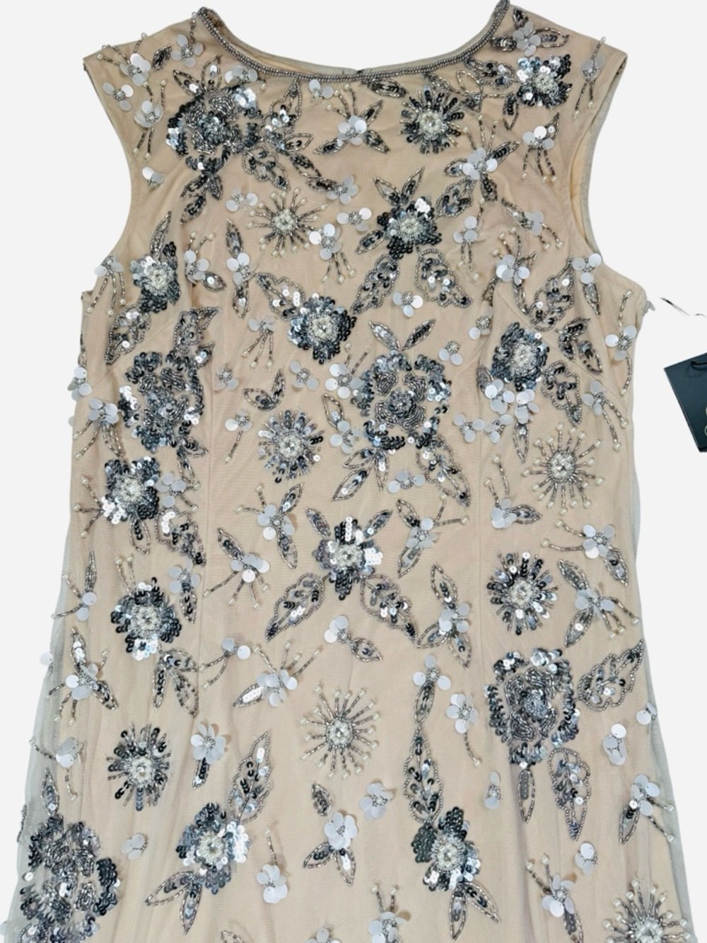 NWT New $299 Adrianna Papell Floral Beaded Ankle Length Gown In Silver Nude 14 - Picture 5 of 9